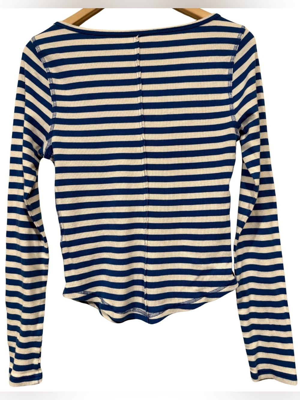 Anthropologie Pilcro Notched Long Sleeve Tee Blue Stripe M Ribbed Knit Cotton - Picture 6 of 9
